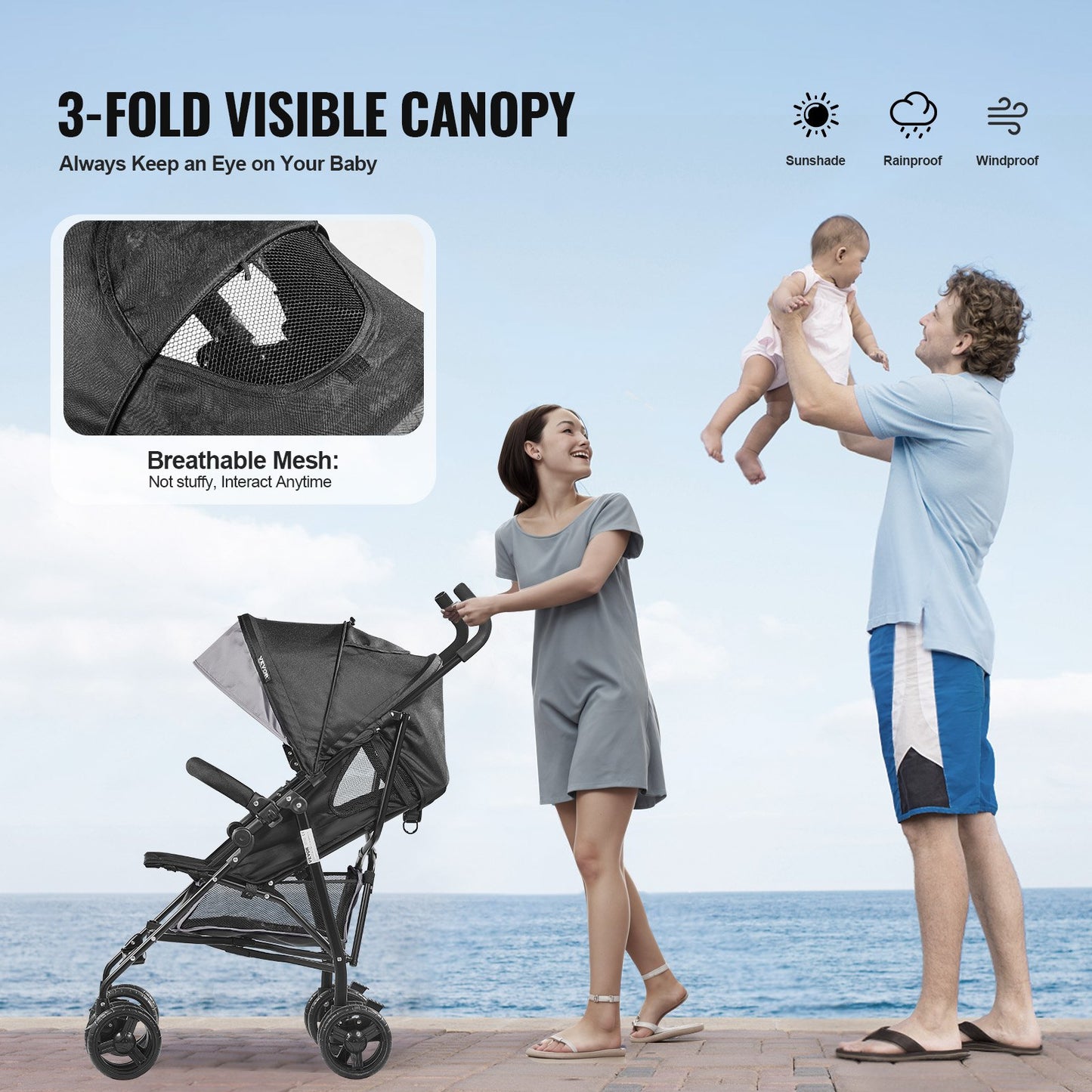 Lightweight Compact Stroller – Easy Fold Reclining Canopy with Cup Holder & Storage Basket | Travel Baby Stroller