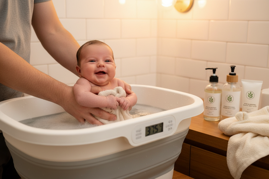 A parent gently bathing a smiling newborn baby in a white collapsible baby bath tub with a built-in thermometer, organic bath products nearby