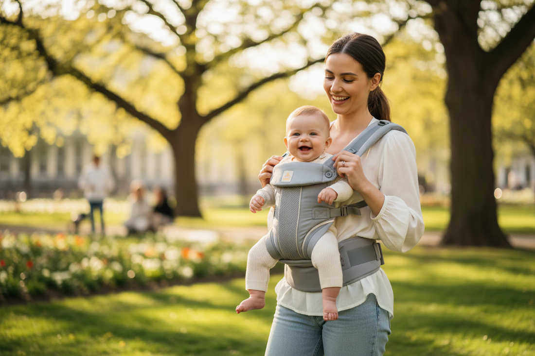 A happy mother carrying her baby in an ergonomic hip seat baby carrier in M-position outdoors, MiniMe baby carrier for newborns and toddlers