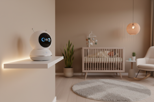 A modern nursery with a cute robot-shaped WiFi baby monitor camera on a white shelf, sleeping newborn in a crib in the background