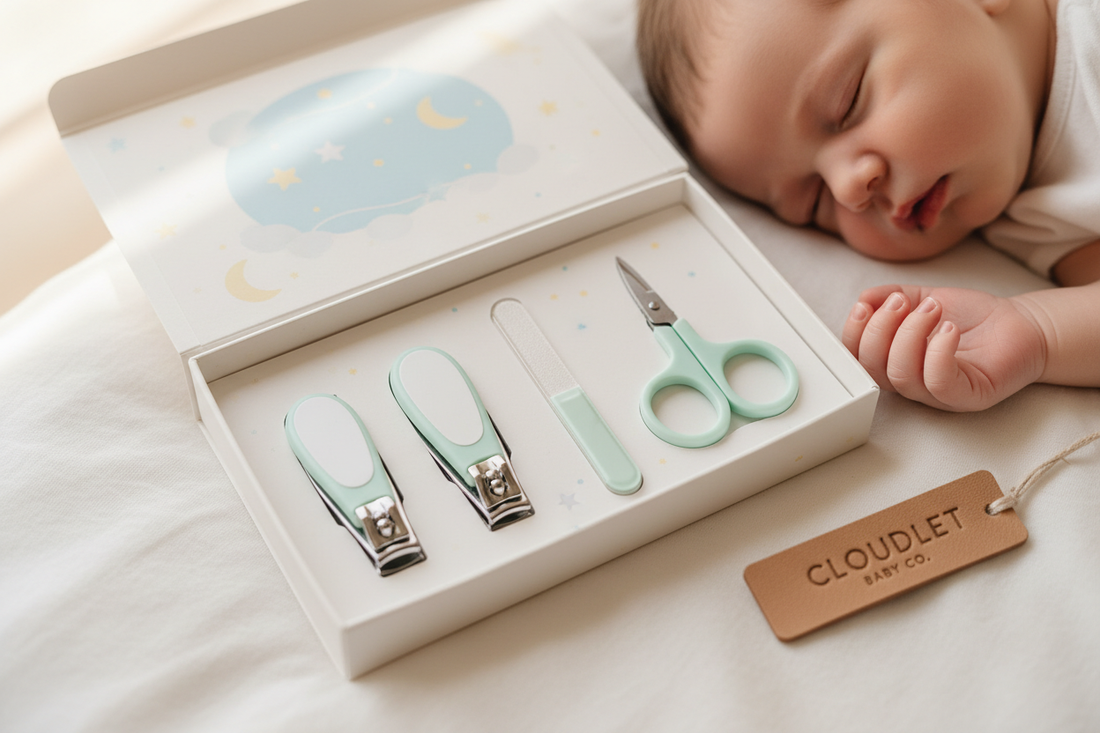 Baby nail clipper set neatly arranged next to a sleeping newborn's tiny hand on a white surface — MiniMe Bab