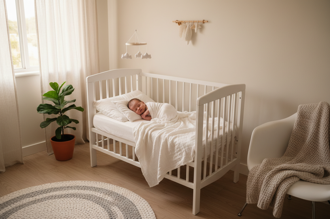 eaceful sleeping baby in a cozy white crib with soft natural lighting in a minimalist nursery - baby sleep schedule