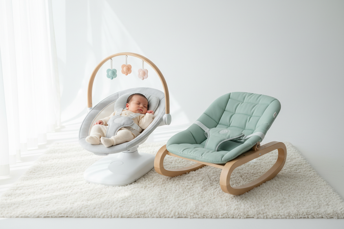 Modern electric baby swing and baby rocker side by side with a sleeping newborn, soft pastel nursery setting — MiniMe Baby