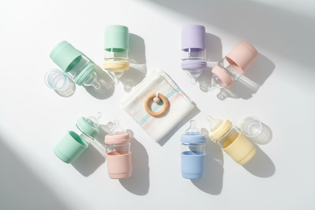 BPA-free silicone baby bottles arranged on a white surface in soft natural light