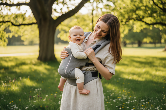 A mother carrying her baby in an ergonomic hip seat  baby carrier outdoors, showing comfortable and  hands-free baby wearing in a modern gray carrier.