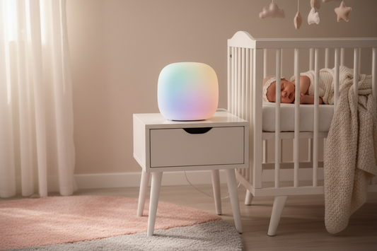 A baby white noise machine with 7-color night light  glowing softly in a peaceful nursery, placed next to  a sleeping newborn baby in a crib.