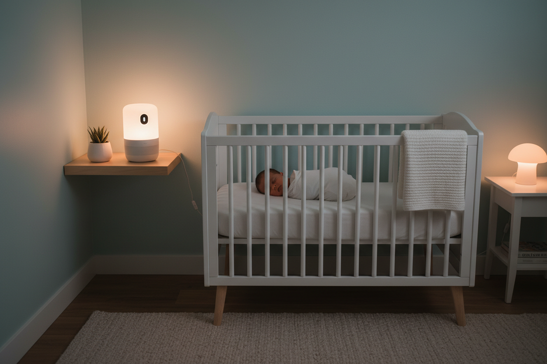 A white baby white noise machine placed in a cozy modern nursery next to a sleeping newborn, soft warm lighting, MiniMe baby sleep essentials