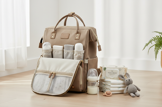 A large capacity diaper bag backpack with multiple  organized compartments, displayed with baby essentials  including diapers, wipes, and a baby bottle.