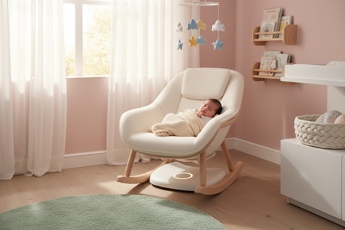 Modern electric baby rocking chair with a peacefully sleeping newborn in a cozy pastel nursery — MiniMe Baby