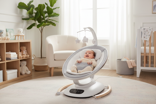 A modern electric baby swing with a happy newborn  baby sitting safely inside, featuring a five-point  harness and soft padding in a bright nursery room.