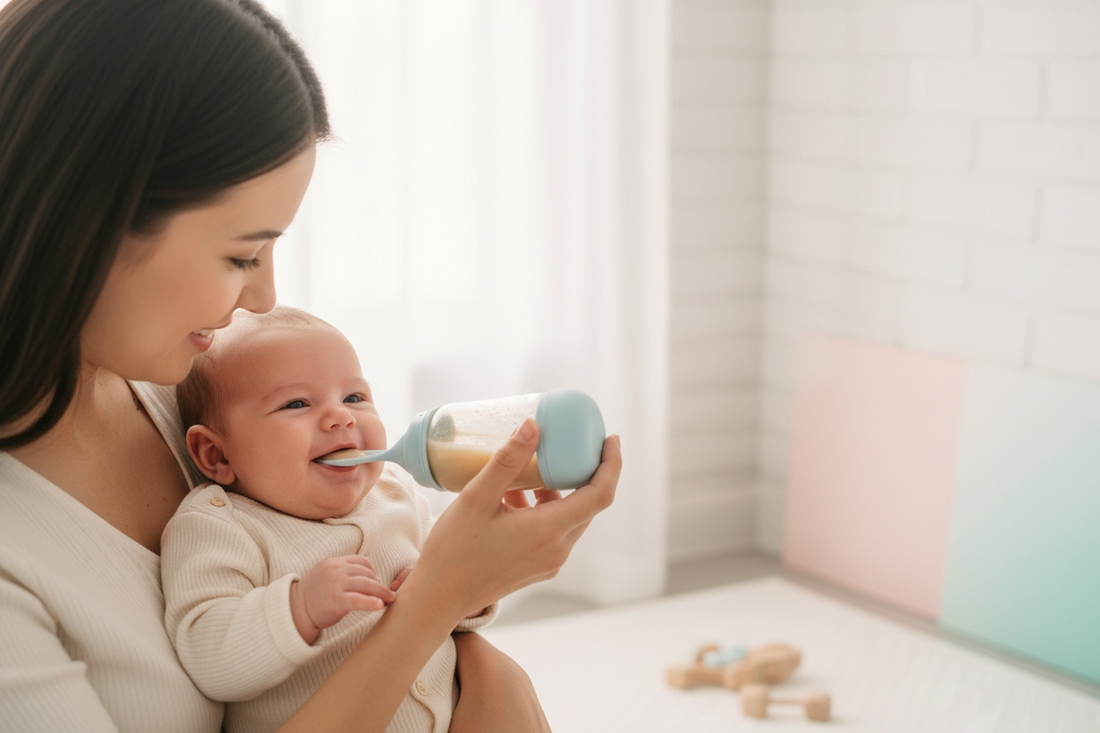 Mother bottle feeding her newborn baby with a soft silicone spoon feeder bottle in a bright, cozy nursery setting