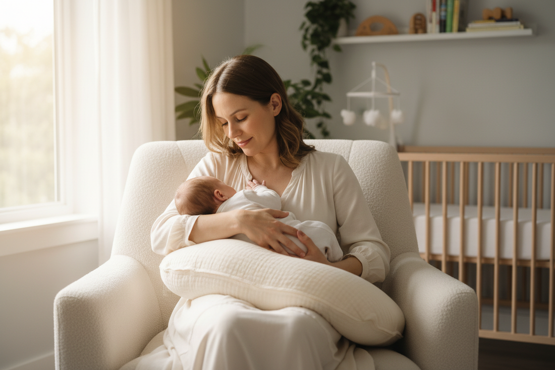 A mother breastfeeding her newborn on a cream-colored nursing pillow in a cozy minimalist nursery, MiniMe nursing pillow for breastfeeding support