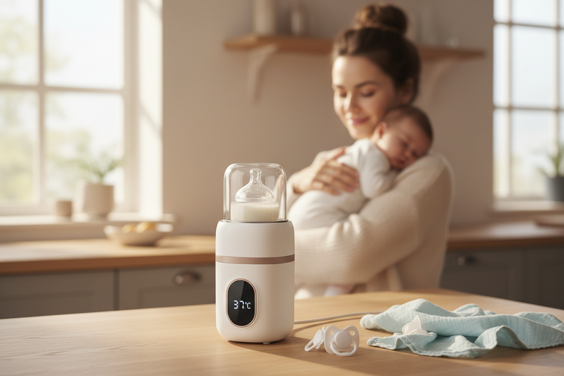 Digital portable baby bottle warmer with a bottle on a kitchen counter, soft morning light — MiniMe Bab