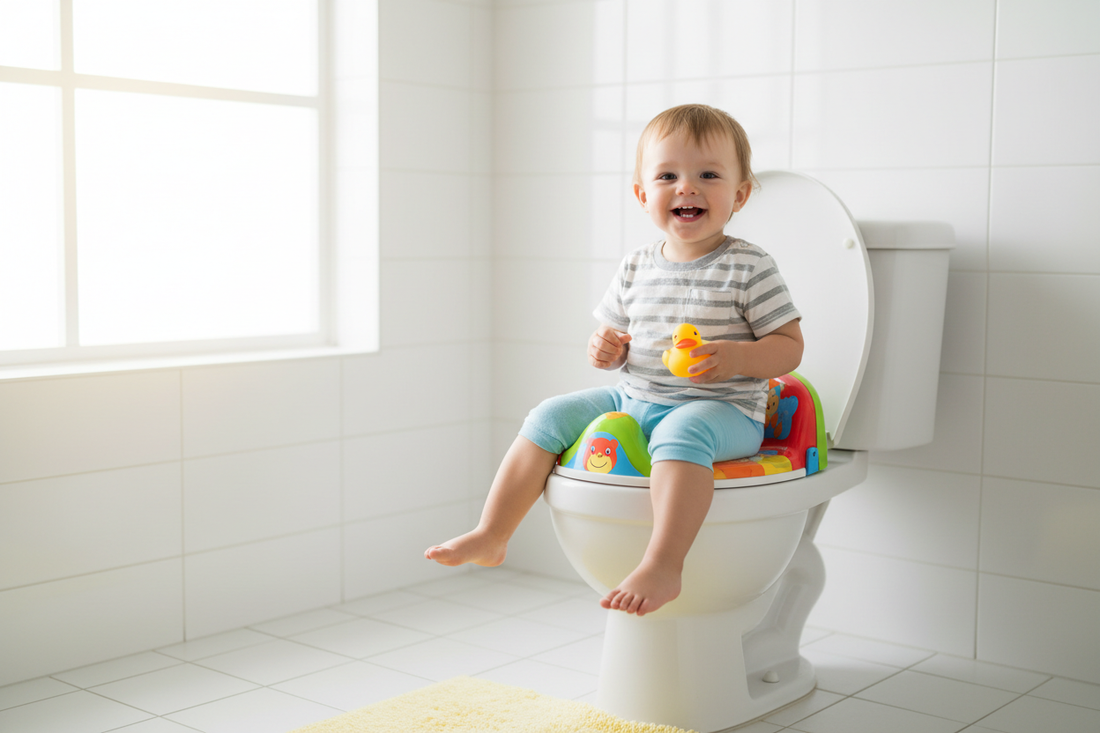A happy toddler sitting on a colorful portable foldable potty training seat in a bright clean bathroom