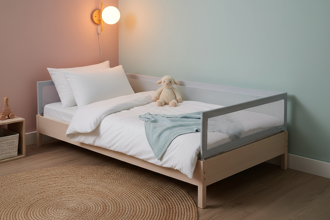 A breathable mesh baby bed bumper guard installed on a cozy toddler bed with white bedding, soft nursery lighting, MiniMe baby sleep safety essentials