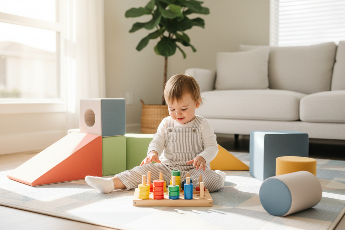 A toddler playing with colorful Montessori wooden peg board sorting toy and foam climbing blocks on a soft play mat in a bright modern living room
