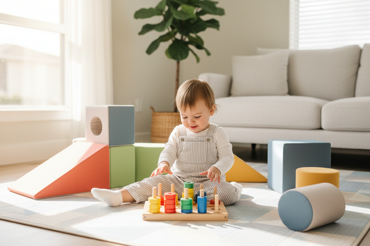 A toddler playing with colorful Montessori wooden peg board sorting toy and foam climbing blocks on a soft play mat in a bright modern living room