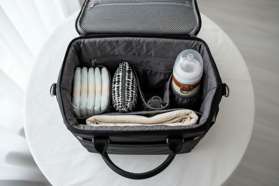 A stylish black diaper bag backpack with organized compartments showing diapers, wipes, baby bottle, and changing pad, MiniMe baby travel essentials for new moms