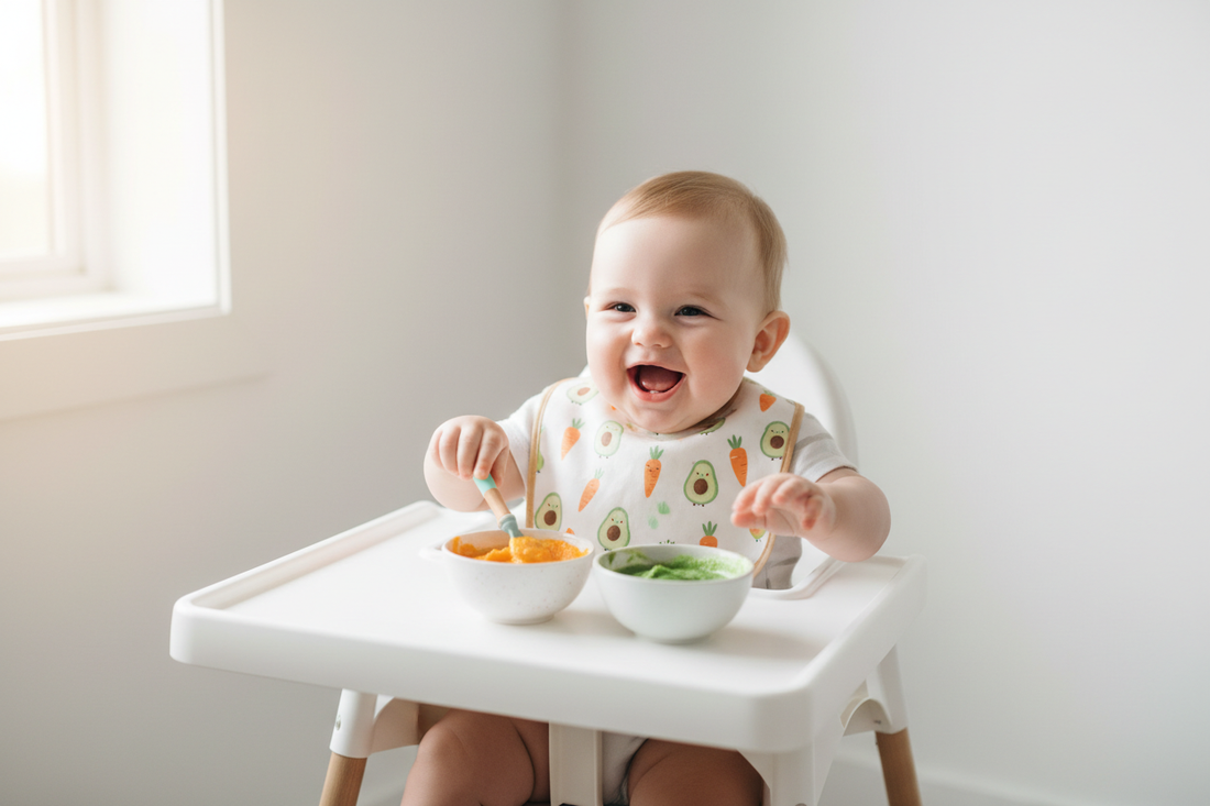 Happy baby sitting in a high chair smiling while being introduced to colorful pureed vegetables and fruits for the first time - starting solid foods guide