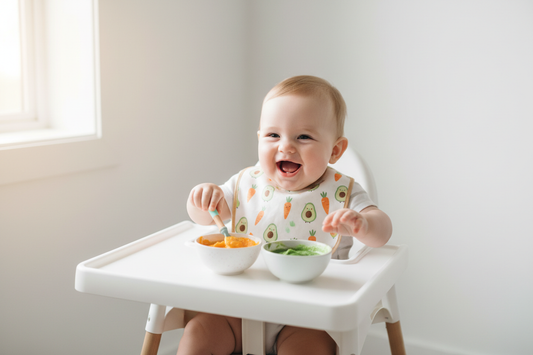 Happy baby sitting in a high chair smiling while being introduced to colorful pureed vegetables and fruits for the first time - starting solid foods guide