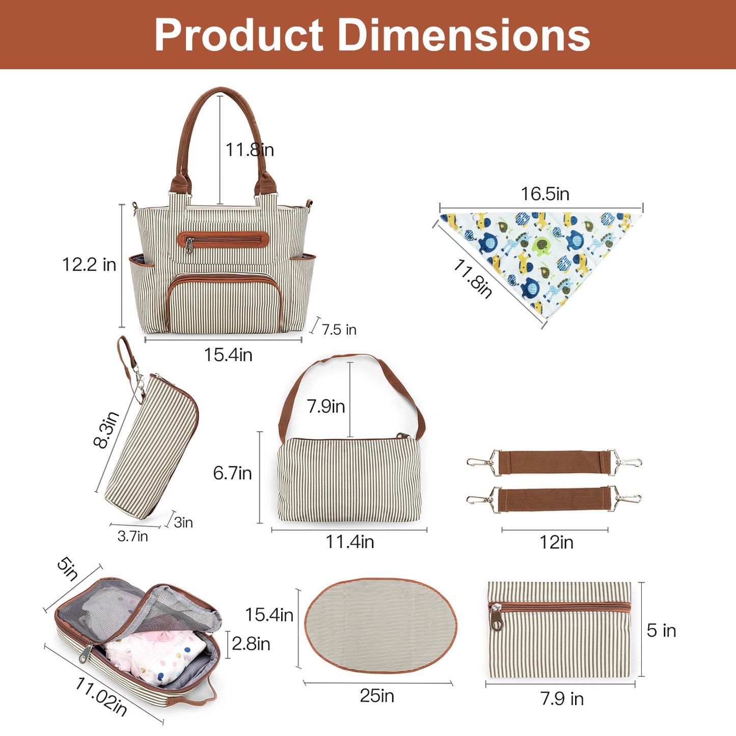 8-Piece Diaper Bag Set for Moms – Large Tote Baby Bag with Changing Pad, Bottle Bag & Burp Cloths | Stylish Nappy Bag for Travel