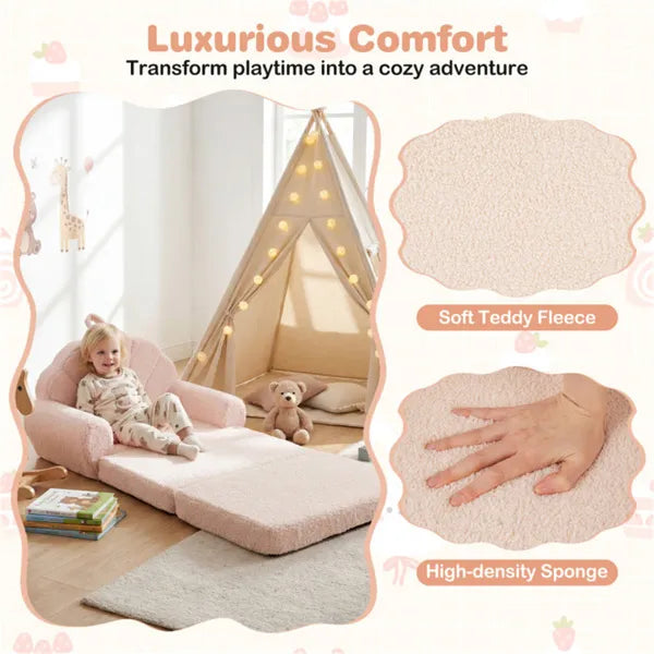 2-in-1 Flip Open Kids Sofa Lounger – Teddy Fleece Toddler Couch & Floor Mat