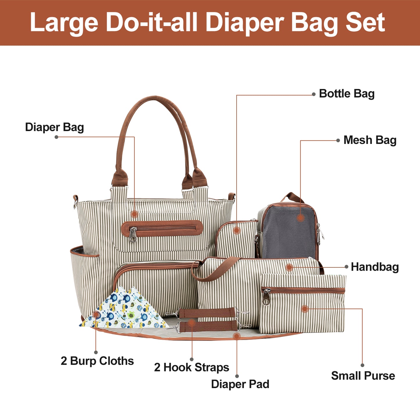 8-Piece Diaper Bag Set for Moms – Large Tote Baby Bag with Changing Pad, Bottle Bag & Burp Cloths | Stylish Nappy Bag for Travel