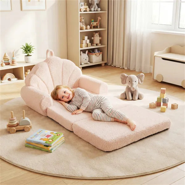 2-in-1 Flip Open Kids Sofa Lounger – Teddy Fleece Toddler Couch & Floor Mat